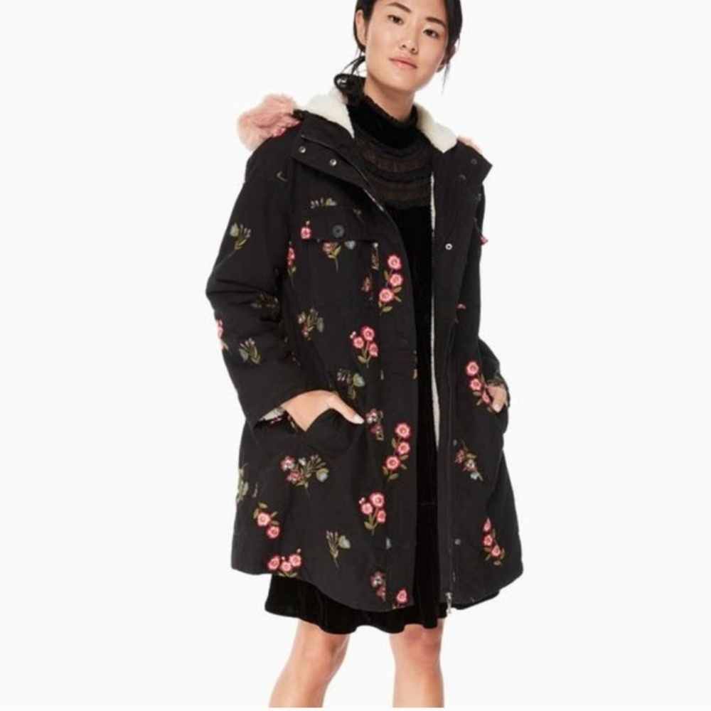 EUC Kate Spade Parker w/detachable faux pink fur hood liner Size XL  Dk Grey/BLK